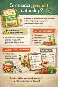 Infografika wyjaśniająca, co oznacza „produkt naturalny”, pokazująca różnicę między marketingiem a rzeczywistością, przykłady ukrytego cukru i dodatków oraz zachęcająca do czytania składu zamiast sugerowania się hasłami na opakowaniu.