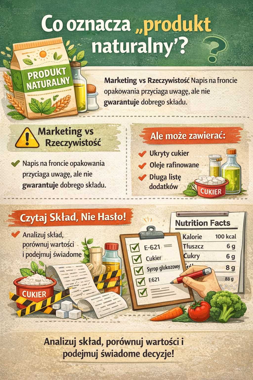 Infografika wyjaśniająca, co oznacza „produkt naturalny”, pokazująca różnicę między marketingiem a rzeczywistością, przykłady ukrytego cukru i dodatków oraz zachęcająca do czytania składu zamiast sugerowania się hasłami na opakowaniu.