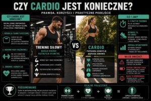 Czy cardio jest konieczne – infografika porównująca trening siłowy i cardio, pokazująca wpływ na redukcję tkanki tłuszczowej, budowę masy mięśniowej, zdrowie serca oraz optymalną częstotliwość treningu