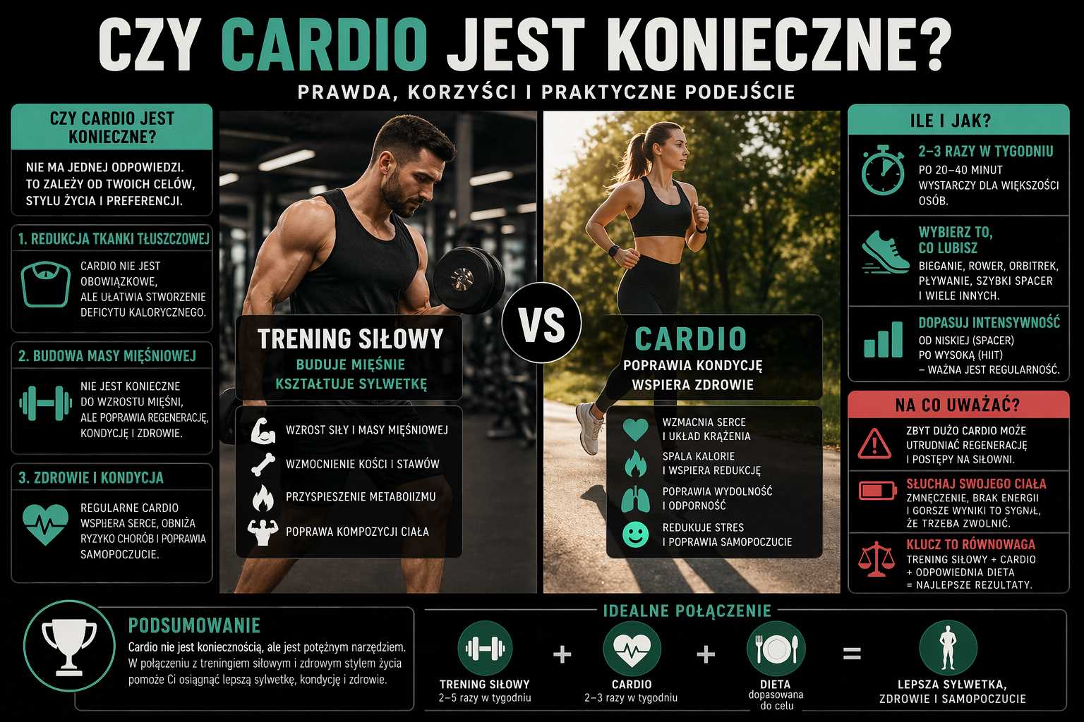 Czy cardio jest konieczne – infografika porównująca trening siłowy i cardio, pokazująca wpływ na redukcję tkanki tłuszczowej, budowę masy mięśniowej, zdrowie serca oraz optymalną częstotliwość treningu