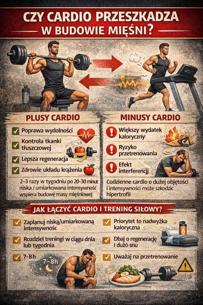 Infografika przedstawiająca, czy cardio przeszkadza w budowie mięśni – pokazuje plusy i minusy treningu wytrzymałościowego, efekt interferencji oraz wskazówki, jak łączyć cardio z treningiem siłowym bez utraty masy.