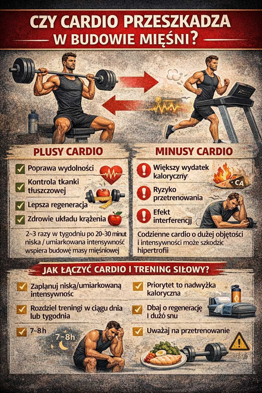 Infografika przedstawiająca, czy cardio przeszkadza w budowie mięśni – pokazuje plusy i minusy treningu wytrzymałościowego, efekt interferencji oraz wskazówki, jak łączyć cardio z treningiem siłowym bez utraty masy.