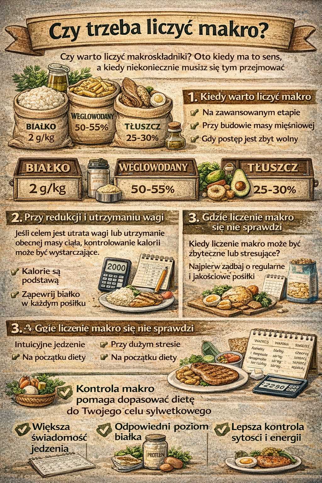 Infografika wyjaśniająca czy trzeba liczyć makro – podział na białko, węglowodany i tłuszcze, kiedy liczenie makroskładników ma sens oraz kiedy wystarczy kontrola kalorii i jakości diety.