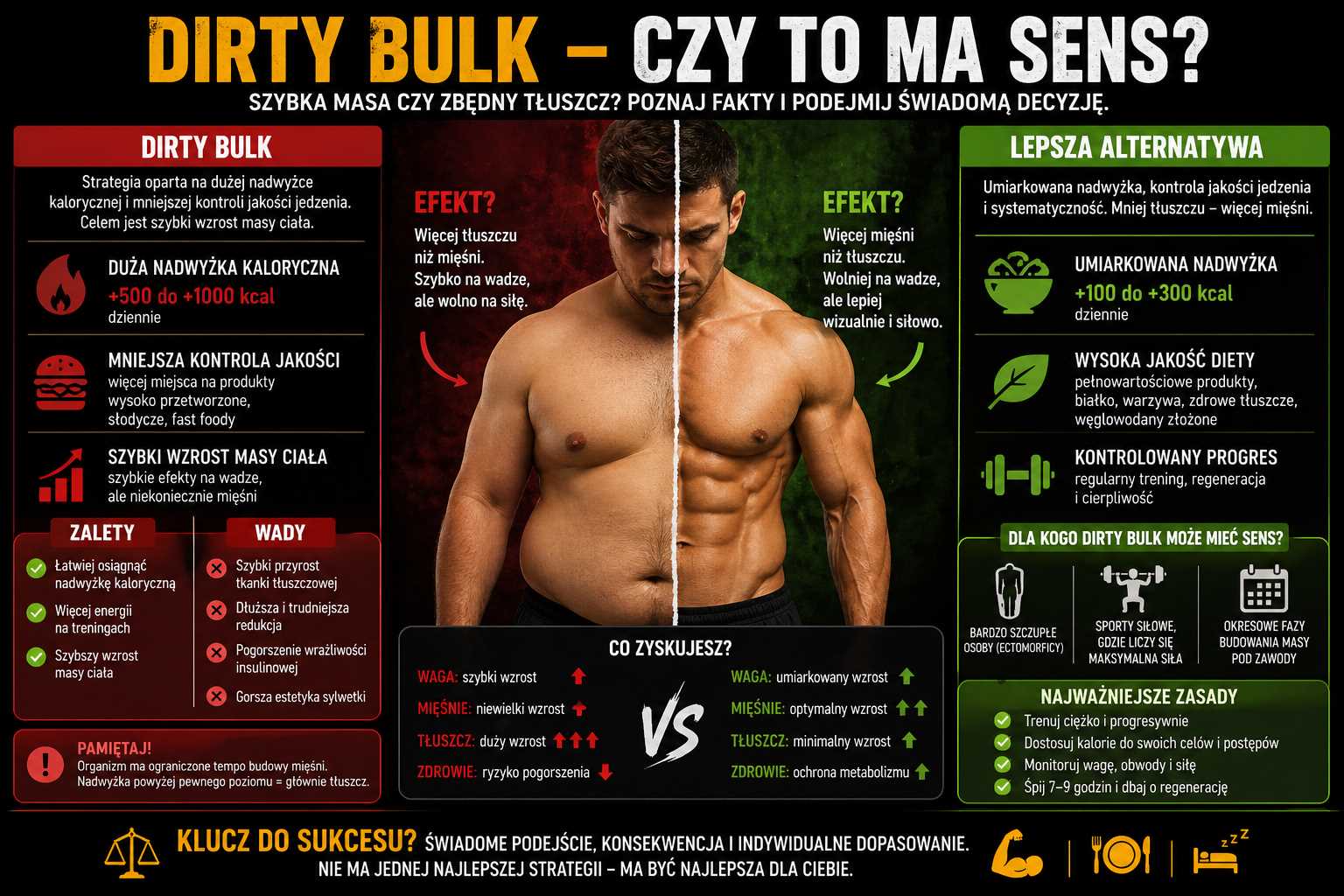 Infografika porównująca dirty bulk i lean bulk – pokazuje różnice w nadwyżce kalorycznej, tempie przyrostu masy, ilości tkanki tłuszczowej, jakości diety oraz wpływie na zdrowie i sylwetkę.