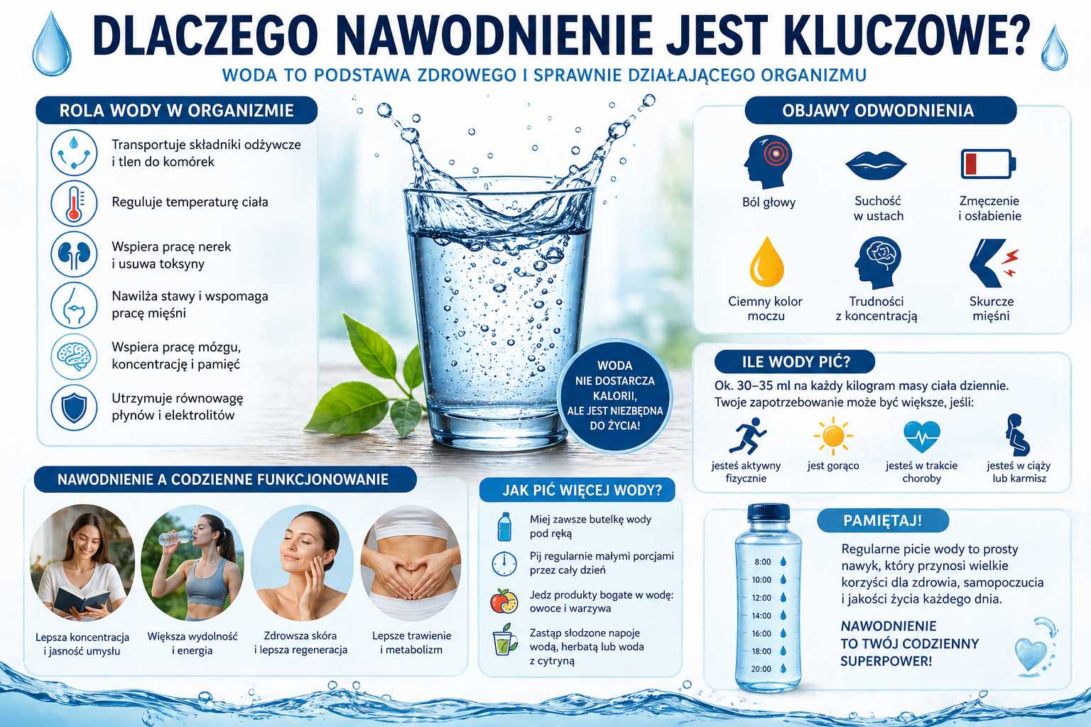 Infografika wyjaśniająca dlaczego nawodnienie jest kluczowe, przedstawiająca rolę wody w organizmie, objawy odwodnienia, zalecaną ilość płynów oraz korzyści regularnego picia wody dla zdrowia i koncentracji.