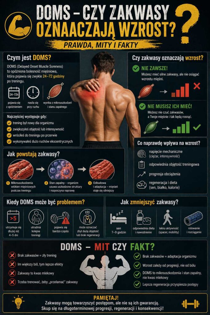 Infografika wyjaśniająca, czy DOMS i zakwasy oznaczają wzrost mięśni – przedstawia przyczyny bolesności, różnice między mitami a faktami oraz czynniki rzeczywiście wpływające na hipertrofię, takie jak progresja, objętość i regeneracja.