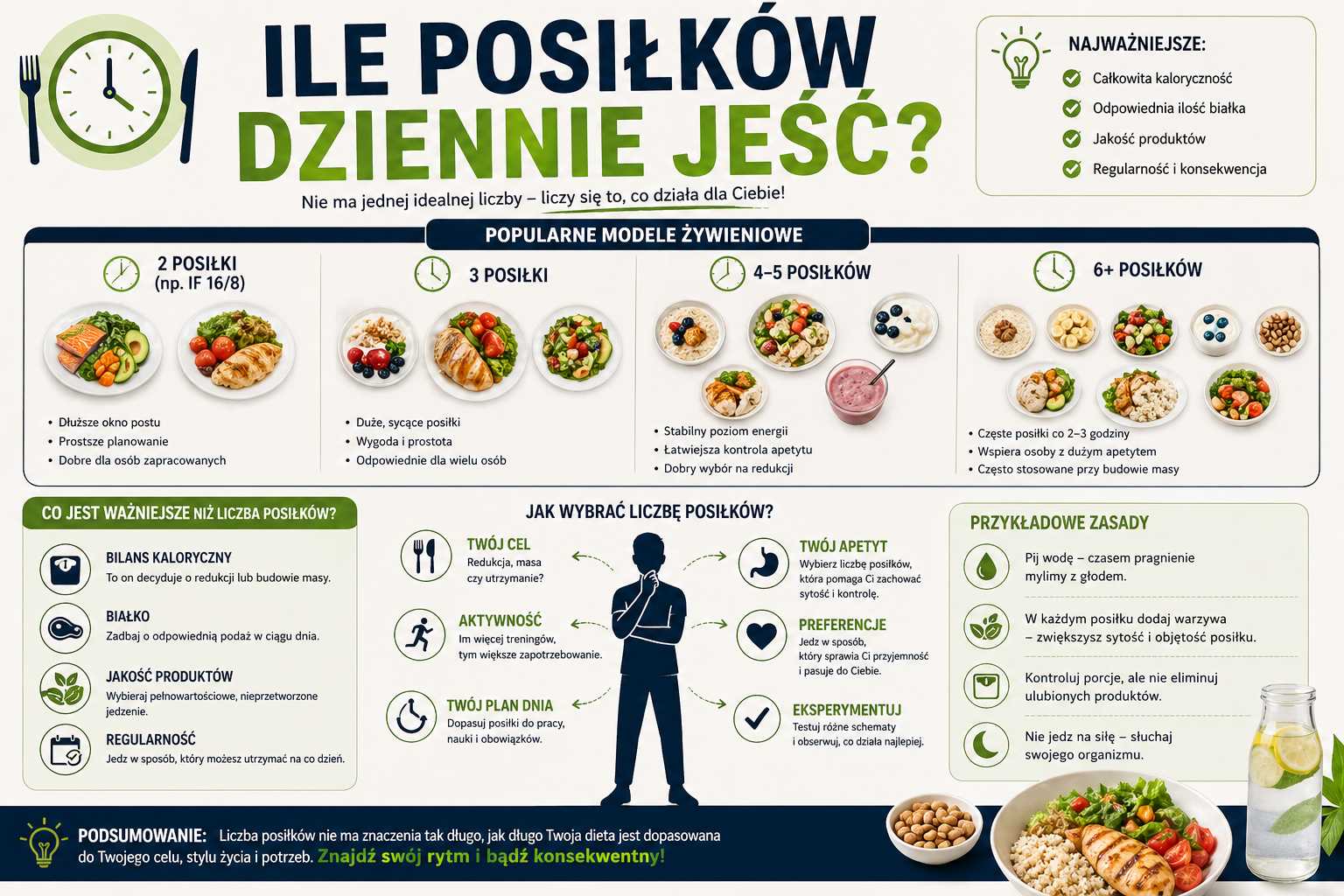 Infografika przedstawiająca ile posiłków dziennie jeść – porównanie modeli 2, 3, 4–5 i 6 posiłków, znaczenie kaloryczności, białka i jakości produktów oraz wskazówki jak dopasować liczbę posiłków do celu i stylu życia.