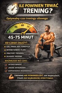 Ile powinien trwać trening – infografika pokazująca optymalny czas 45–75 minut, czynniki wpływające na długość sesji oraz znaczenie intensywności i regeneracji