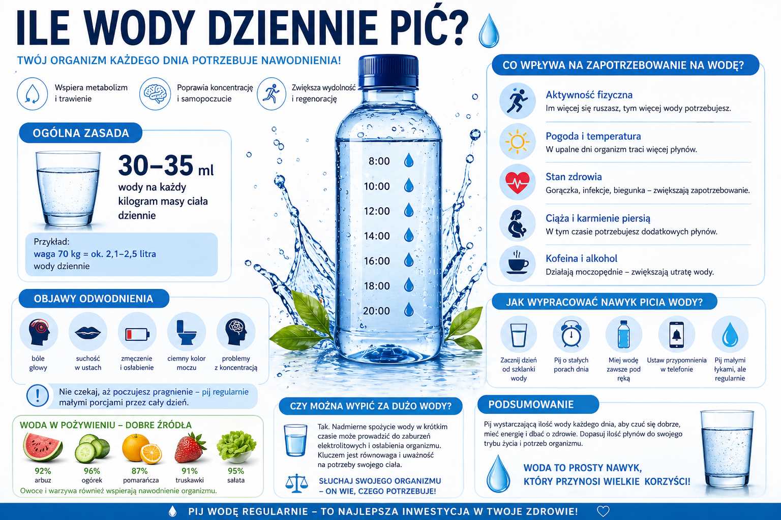 Infografika przedstawiająca ile wody dziennie pić, z ogólną zasadą 30–35 ml na kilogram masy ciała, czynnikami wpływającymi na zapotrzebowanie, objawami odwodnienia oraz praktycznymi wskazówkami dotyczącymi regularnego nawodnienia.