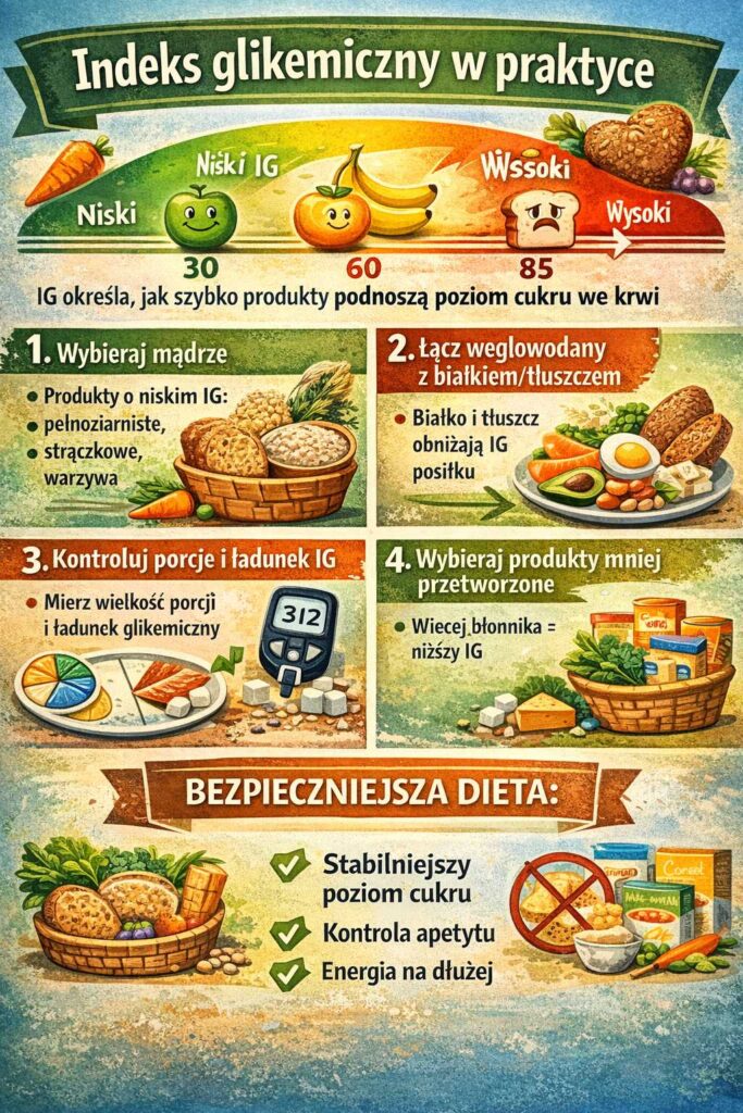 Infografika wyjaśniająca indeks glikemiczny w praktyce – porównanie produktów o niskim i wysokim IG, wpływ na poziom cukru we krwi oraz wskazówki dotyczące łączenia węglowodanów z białkiem i tłuszczem.