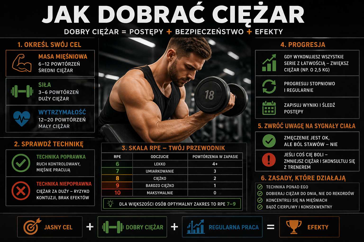 Jak dobrać ciężar – infografika pokazująca dobór obciążenia do celu treningowego, skalę RPE, zasady progresji oraz znaczenie techniki i sygnałów ciała podczas treningu siłowego