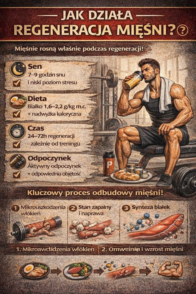 Infografika wyjaśniająca, jak działa regeneracja mięśni – pokazuje rolę snu, diety, czasu odpoczynku oraz etapy odbudowy włókien mięśniowych od mikrouszkodzeń do wzrostu i wzmocnienia.