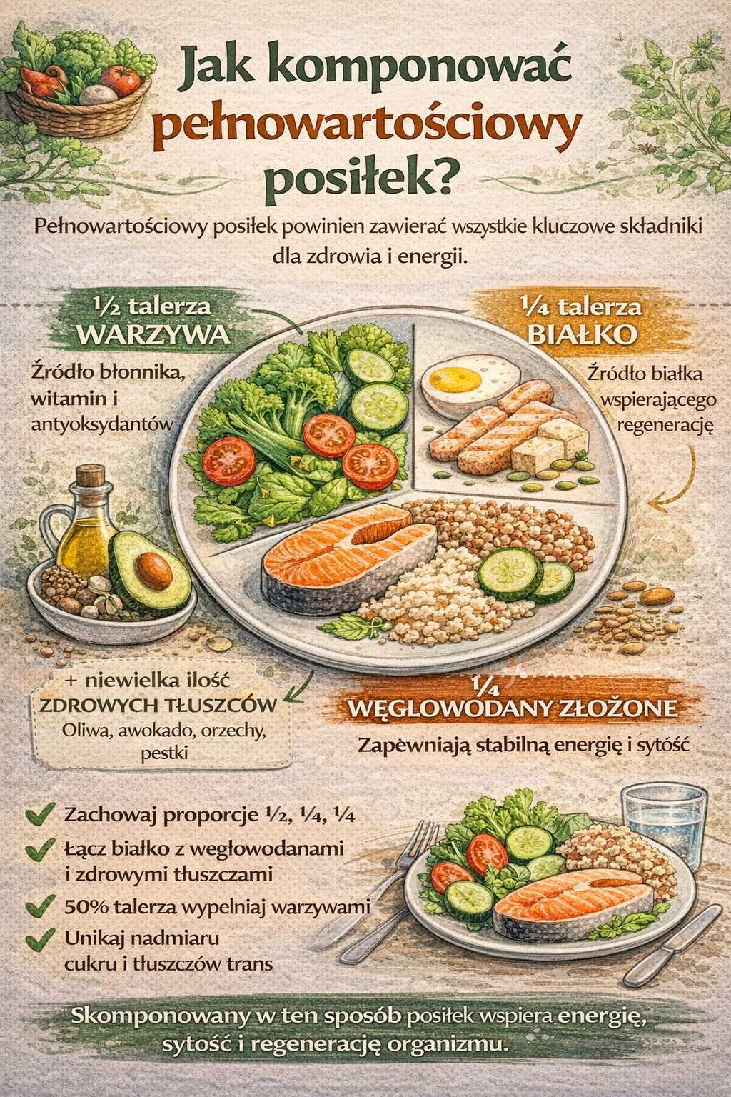Infografika pokazująca jak komponować pełnowartościowy posiłek według zasady podziału talerza na warzywa, białko i węglowodany złożone z dodatkiem zdrowych tłuszczów, ilustrowana przykładowymi produktami takimi jak łosoś, kasza, jajko, tofu, oliwa i świeże warzywa.