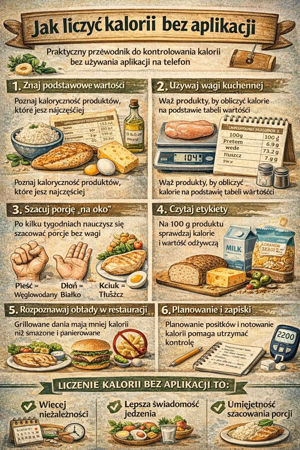 Infografika pokazująca jak liczyć kalorie bez aplikacji – podstawowe wartości produktów, użycie wagi kuchennej, szacowanie porcji na oko, czytanie etykiet oraz kontrola kalorii w restauracji.