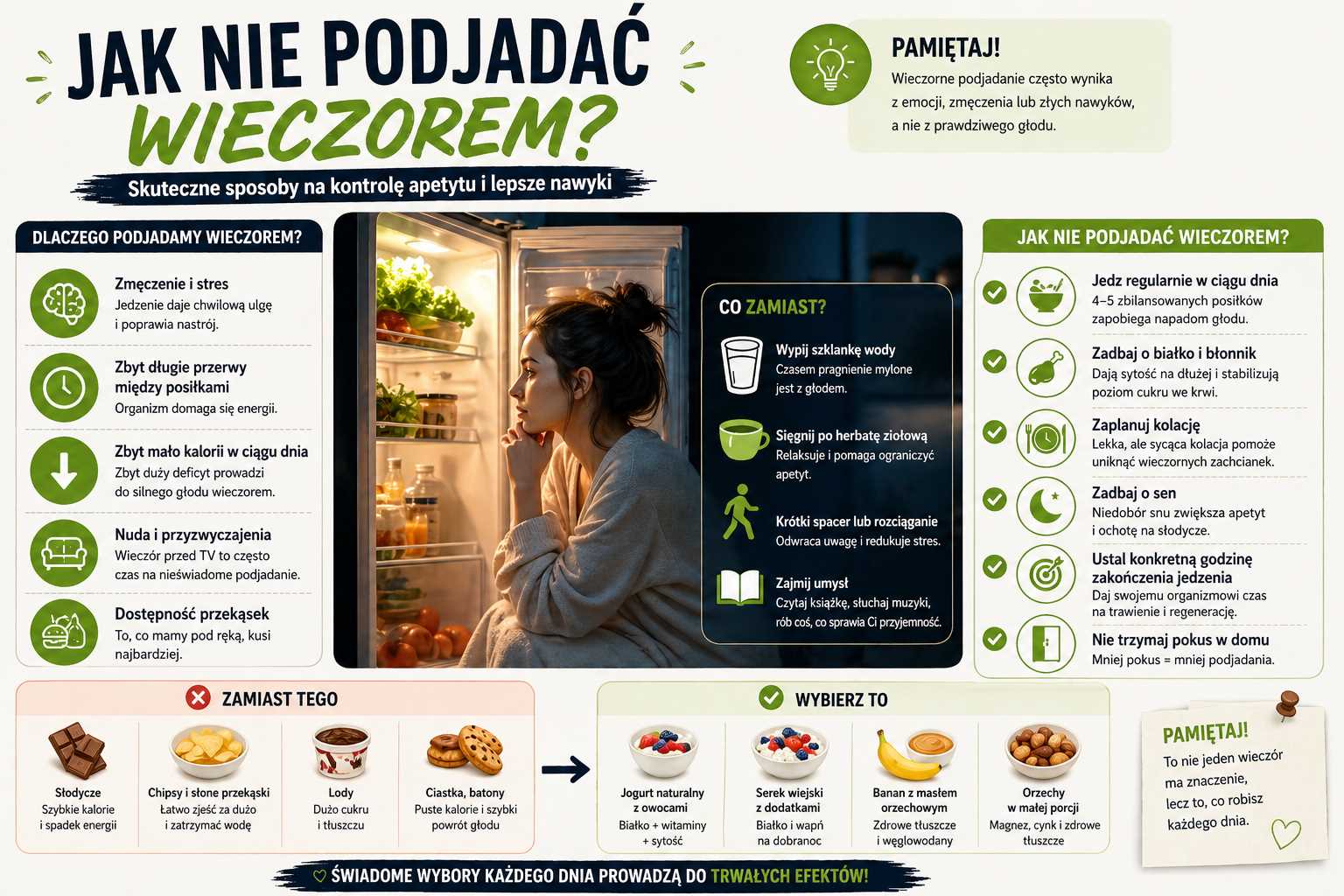 Infografika pokazująca jak nie podjadać wieczorem – przyczyny wieczornego apetytu, sposoby kontroli głodu, alternatywy dla słodyczy oraz wskazówki dotyczące planowania kolacji, snu i zdrowych nawyków.