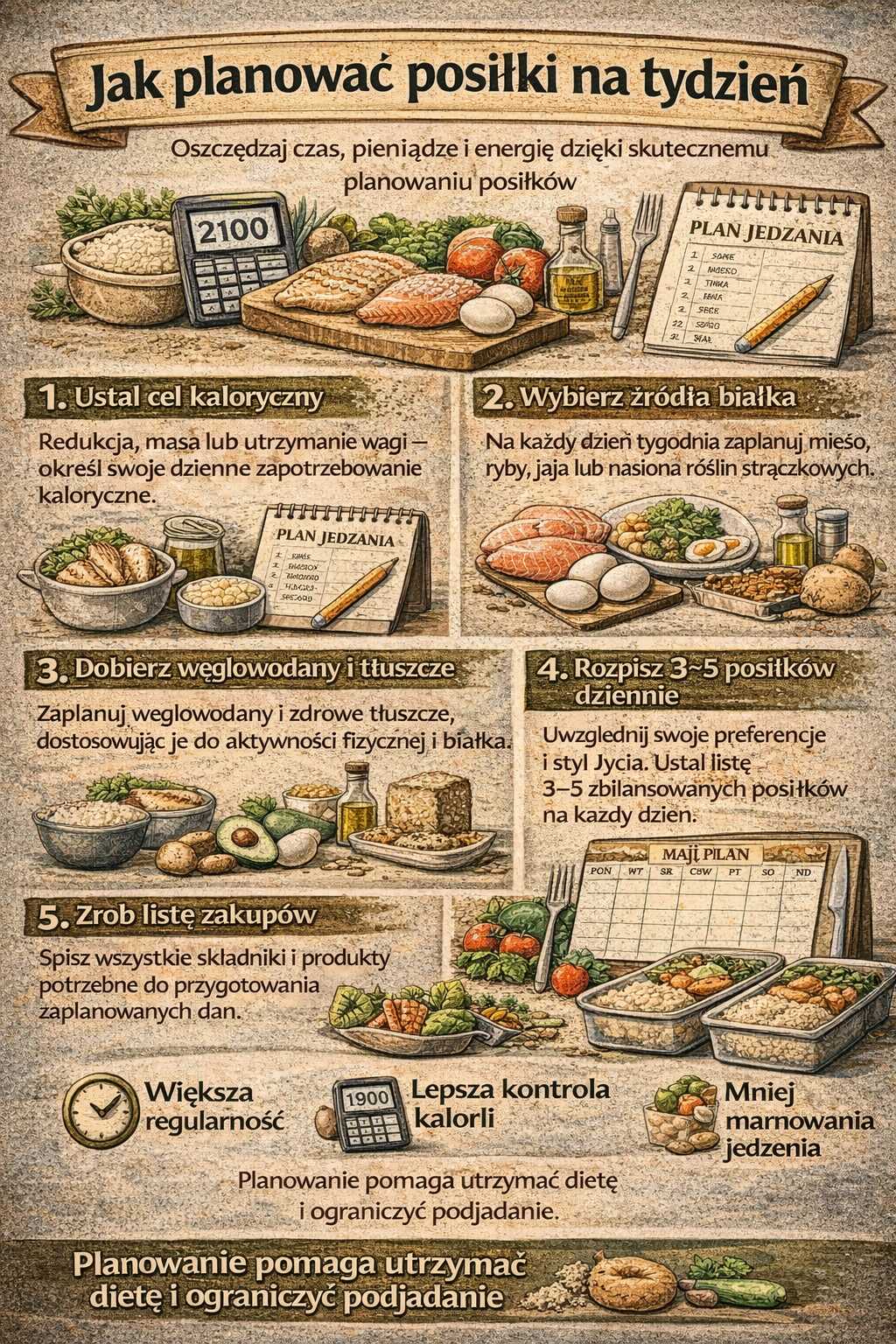 Infografika pokazująca jak planować posiłki na tydzień – ustalanie celu kalorycznego, wybór źródeł białka, dobór węglowodanów i tłuszczów, rozpisanie 3–5 posiłków dziennie, lista zakupów oraz przygotowanie meal prep.