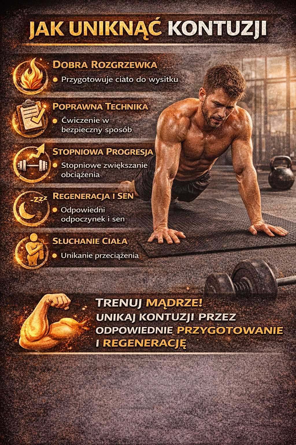 Jak uniknąć kontuzji – infografika z zasadami bezpiecznego treningu: rozgrzewka, poprawna technika, stopniowa progresja, regeneracja i słuchanie sygnałów ciała