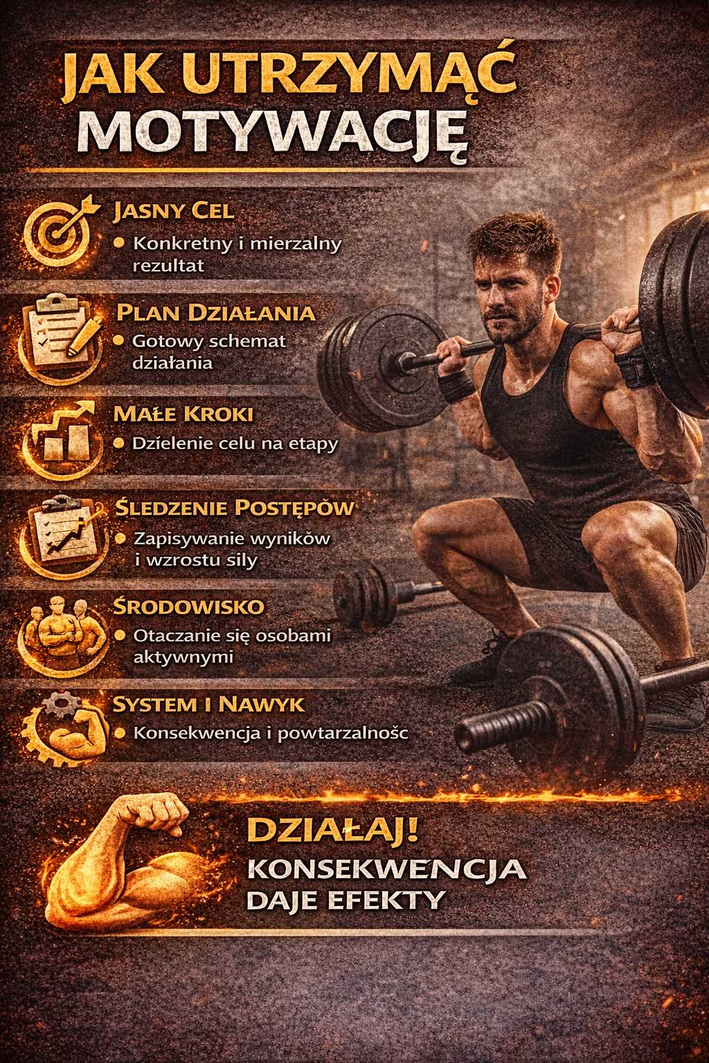 Jak utrzymać motywację – infografika z zasadami konsekwencji w treningu: jasny cel, plan działania, małe kroki, śledzenie postępów, środowisko i budowanie nawyku