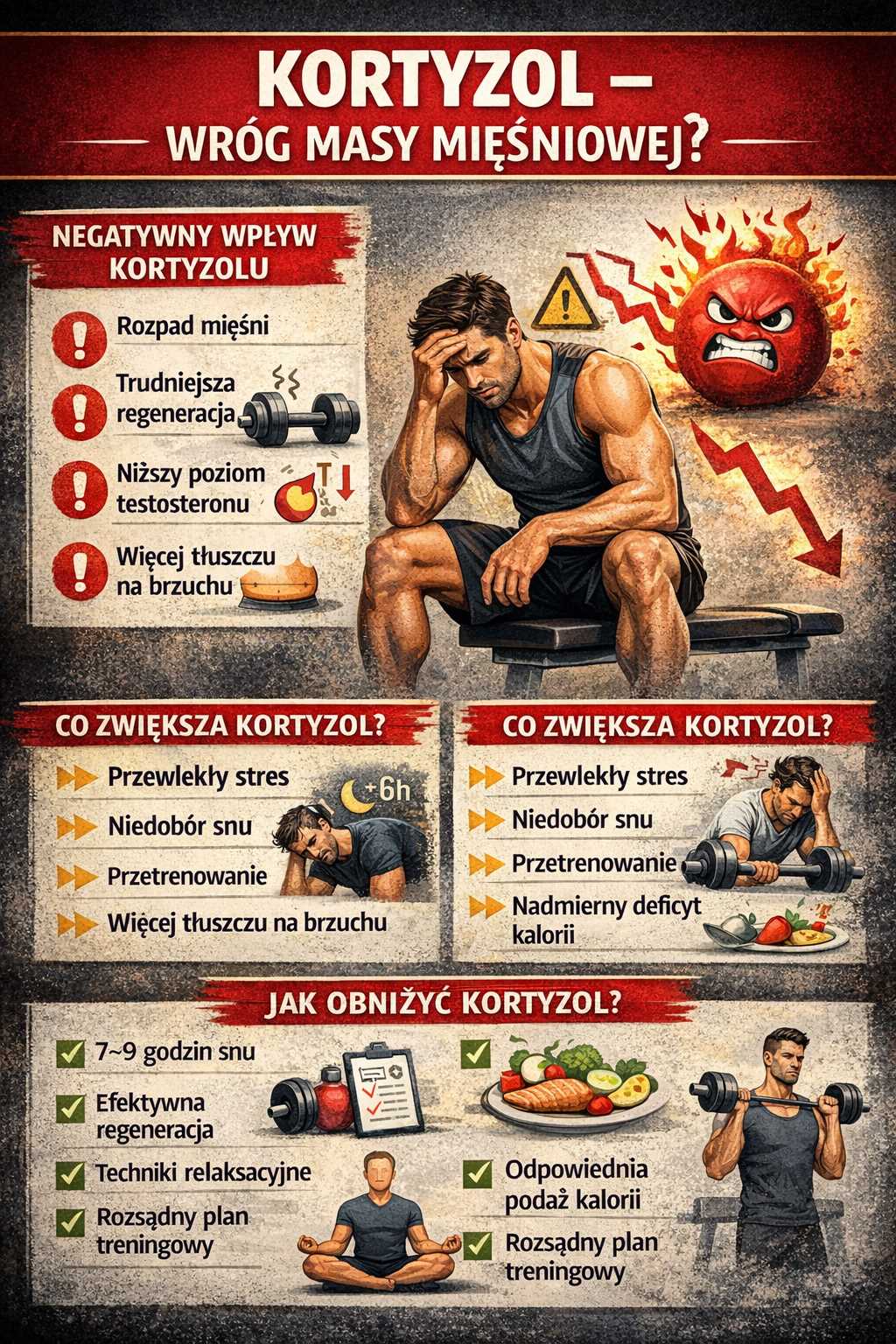 Infografika przedstawiająca wpływ kortyzolu na masę mięśniową – pokazuje negatywne skutki przewlekłego stresu, takie jak rozpad mięśni i gorsza regeneracja, oraz sposoby obniżenia poziomu hormonu poprzez sen, dietę i rozsądny trening.