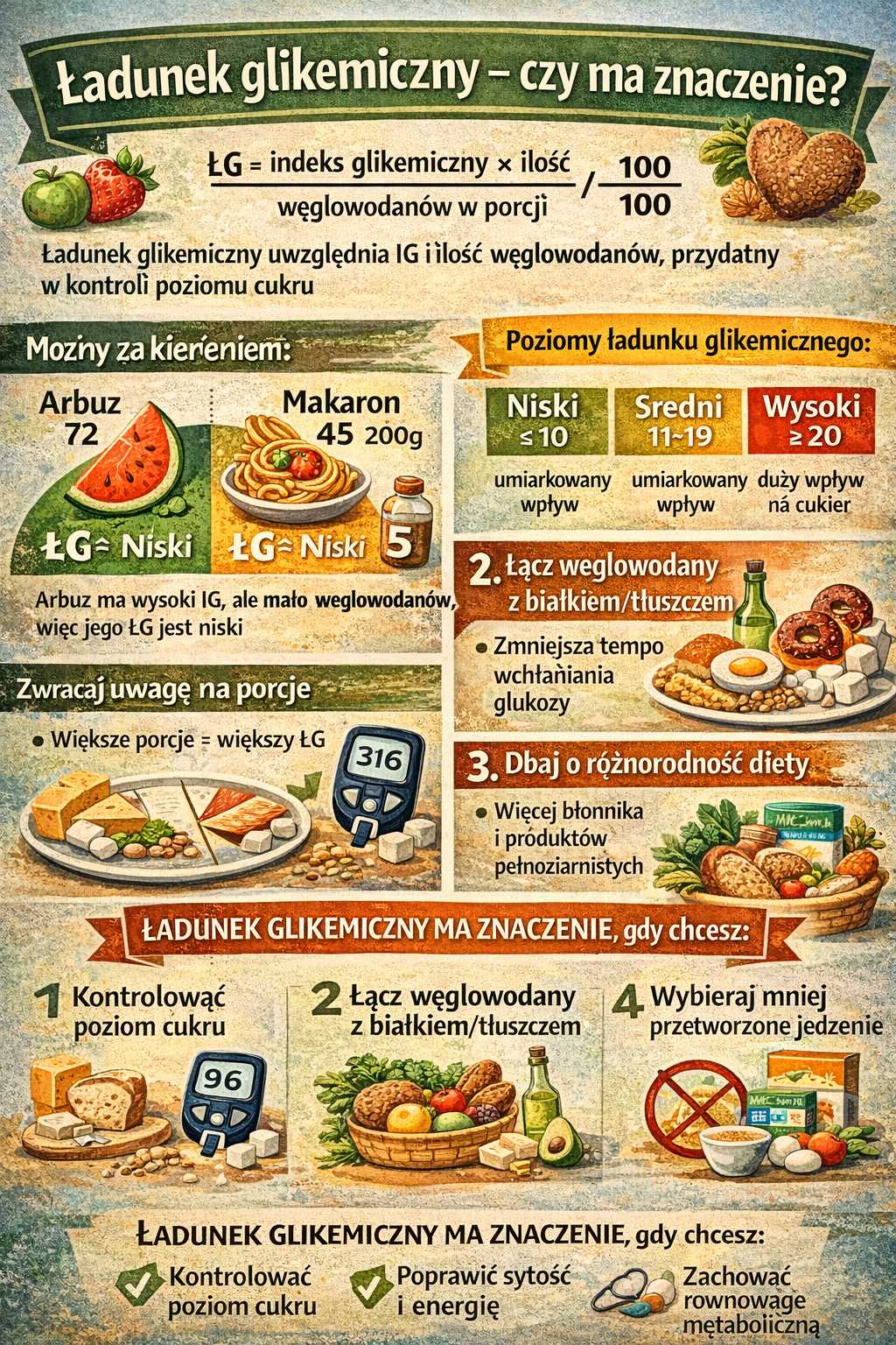 Infografika wyjaśniająca ładunek glikemiczny – wzór obliczania ŁG, porównanie IG i ŁG, poziomy niskiego, średniego i wysokiego ładunku oraz wskazówki dotyczące kontroli poziomu cukru i komponowania posiłków.