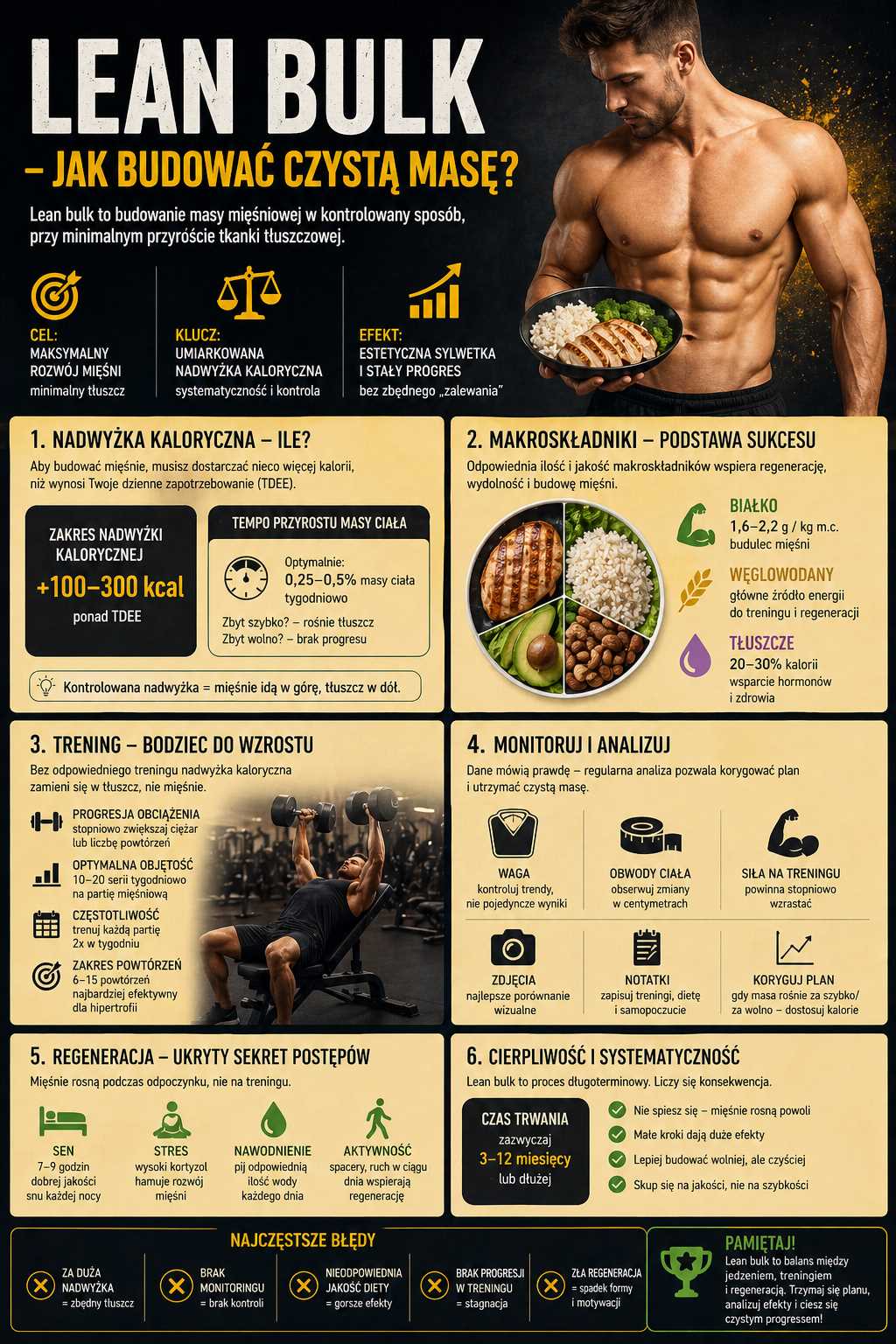Infografika wyjaśniająca strategię lean bulk – pokazuje umiarkowaną nadwyżkę kaloryczną, podział makroskładników, zasady treningu, monitorowanie postępów oraz rolę regeneracji w budowaniu czystej masy mięśniowej.