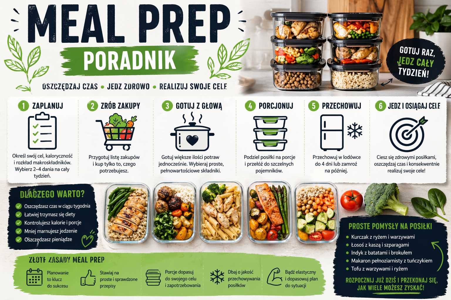 Infografika „Meal prep – poradnik” pokazująca planowanie posiłków na tydzień, przygotowywanie większych porcji, porcjowanie do pojemników, przechowywanie w lodówce oraz przykłady zdrowych dań z kurczakiem, ryżem, warzywami i łososiem.