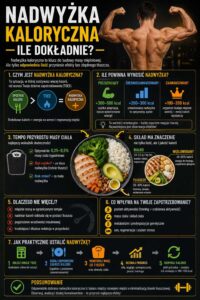 Infografika wyjaśniająca, ile powinna wynosić nadwyżka kaloryczna na masie – pokazuje zakres kalorii dla różnych poziomów zaawansowania, tempo przyrostu masy ciała oraz znaczenie makroskładników i monitorowania progresu.