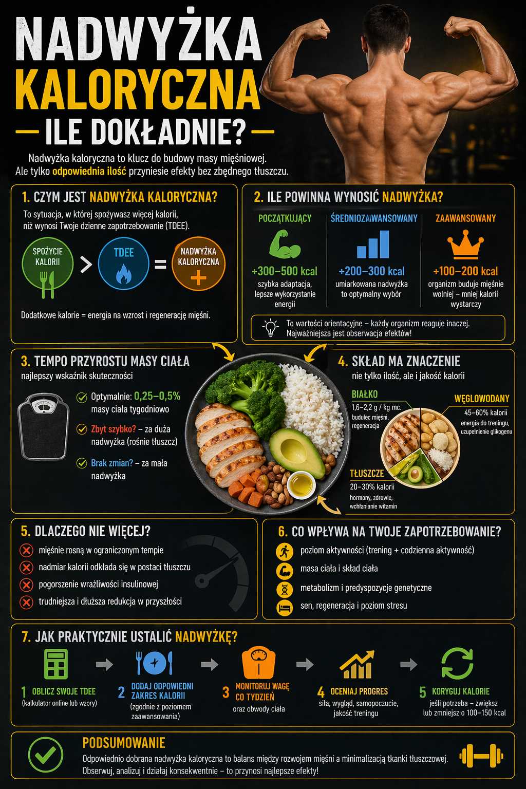 Infografika wyjaśniająca, ile powinna wynosić nadwyżka kaloryczna na masie – pokazuje zakres kalorii dla różnych poziomów zaawansowania, tempo przyrostu masy ciała oraz znaczenie makroskładników i monitorowania progresu.