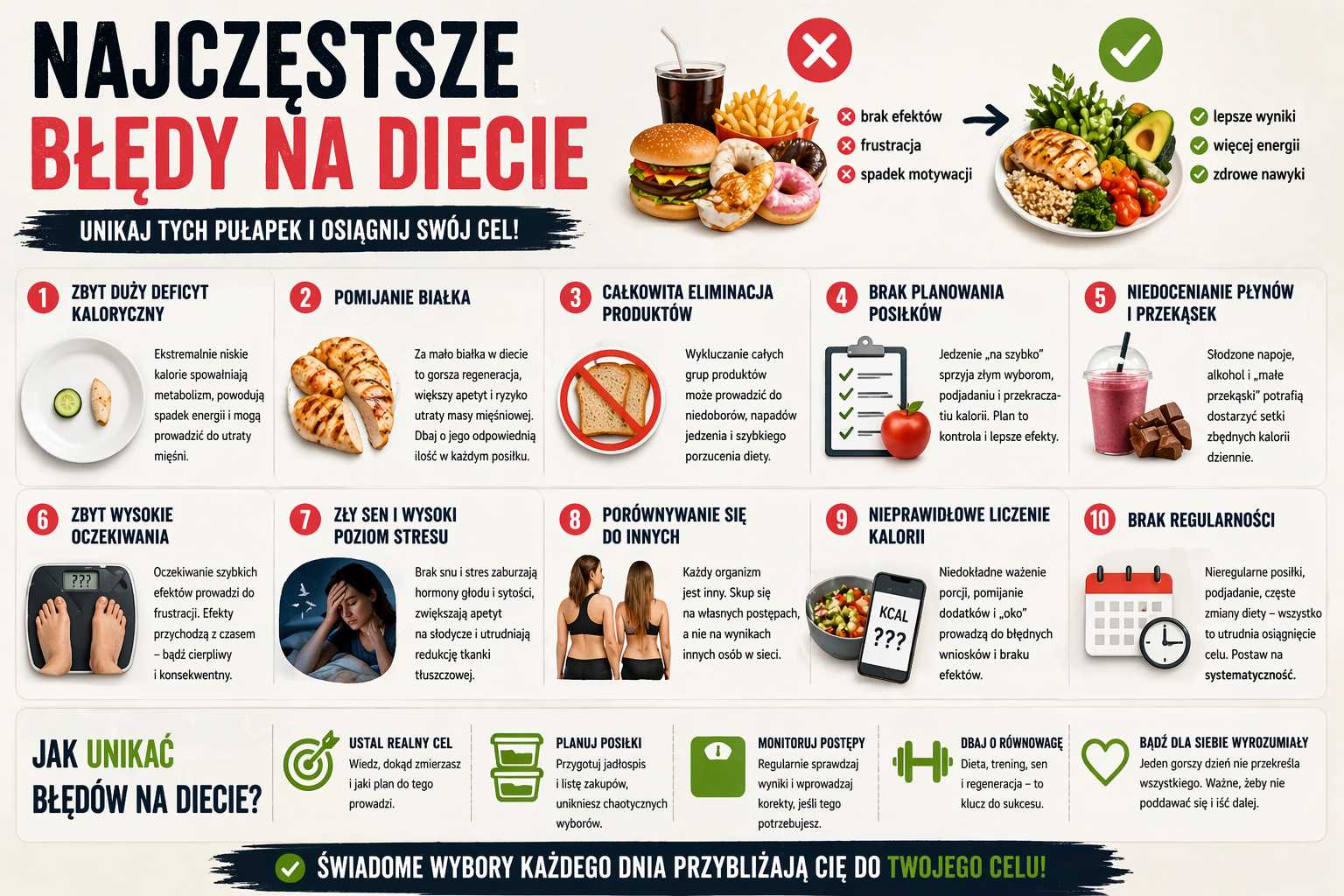 Infografika przedstawiająca najczęstsze błędy na diecie – zbyt duży deficyt kaloryczny, pomijanie białka, brak planowania posiłków, niedocenianie płynnych kalorii, zły sen oraz porady, jak unikać tych pułapek i osiągnąć cel.