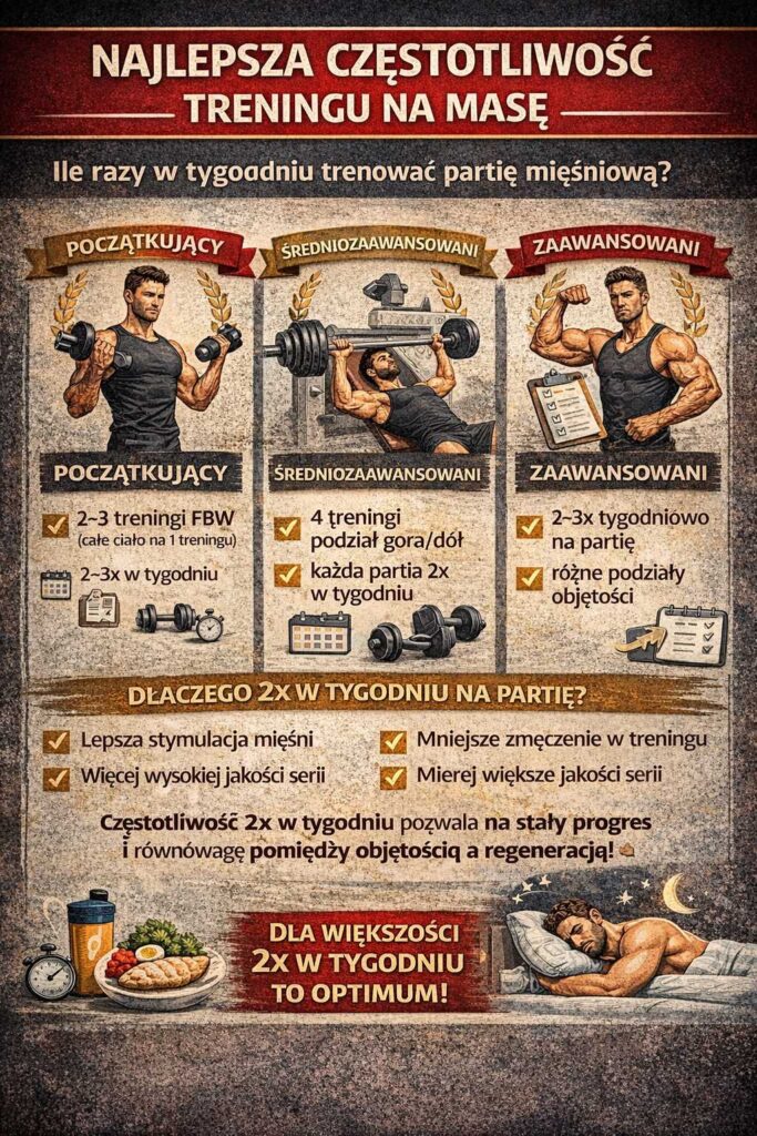 Infografika przedstawiająca najlepszą częstotliwość treningu na masę – porównanie planów dla początkujących, średniozaawansowanych i zaawansowanych oraz wyjaśnienie, dlaczego trenowanie partii 2 razy w tygodniu sprzyja progresowi i regeneracji.