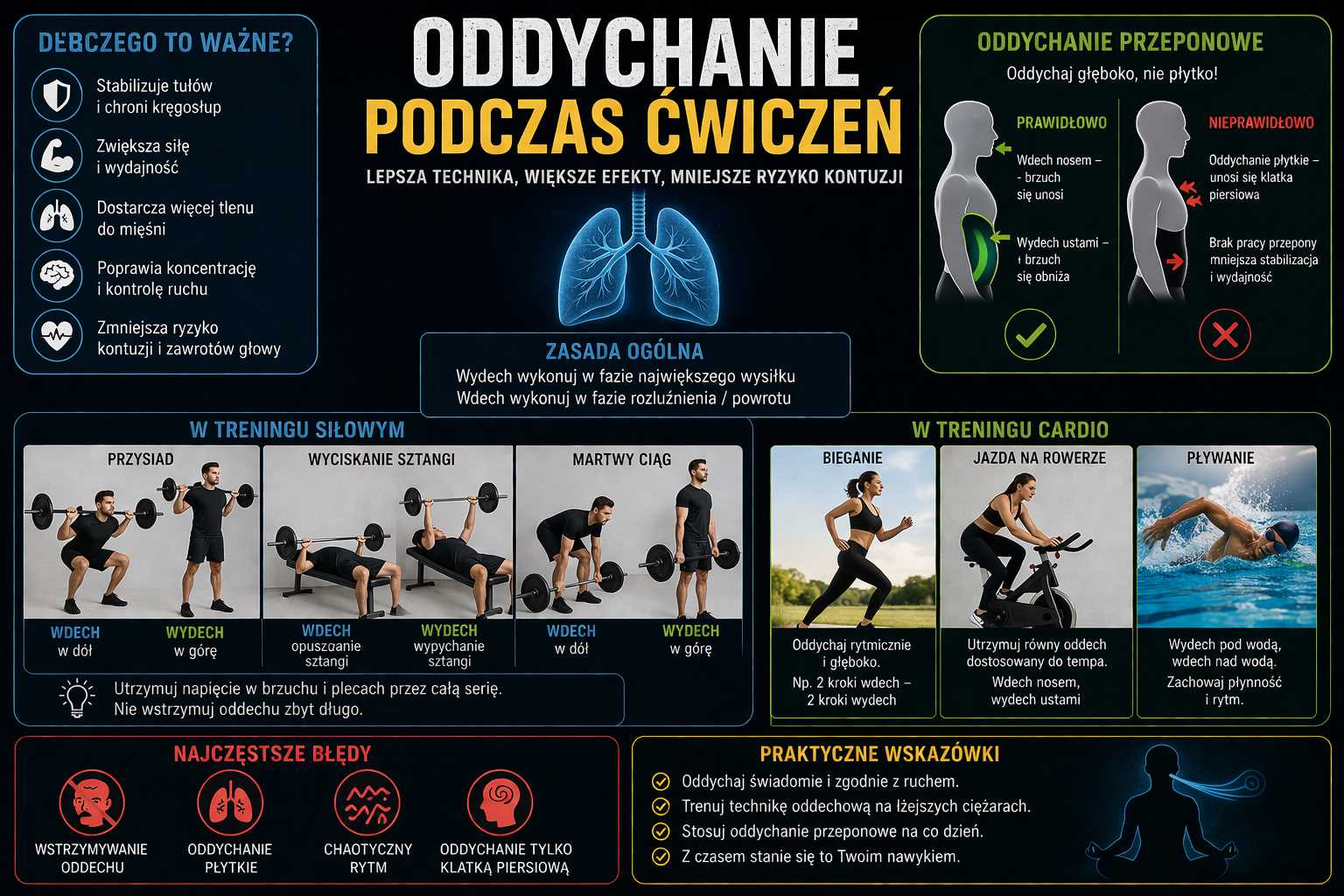 Oddychanie podczas ćwiczeń – infografika pokazująca technikę wdechu i wydechu w treningu siłowym oraz cardio, oddychanie przeponowe i najczęstsze błędy oddechowe