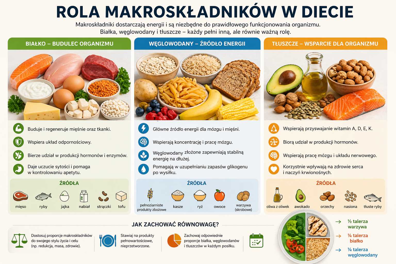 Infografika przedstawiająca rolę makroskładników w diecie z podziałem na białko, węglowodany i tłuszcze, pokazująca ich funkcje w organizmie oraz przykładowe źródła takie jak ryby, jajka, kasze, pieczywo pełnoziarniste, oliwa, orzechy i awokado.