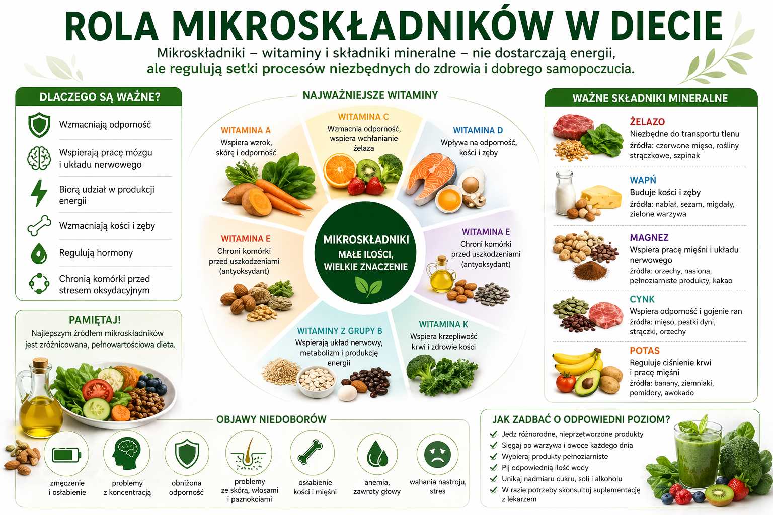 Infografika przedstawiająca rolę mikroskładników w diecie, z podziałem na najważniejsze witaminy i składniki mineralne, ich funkcje w organizmie, źródła w żywności oraz objawy niedoborów.