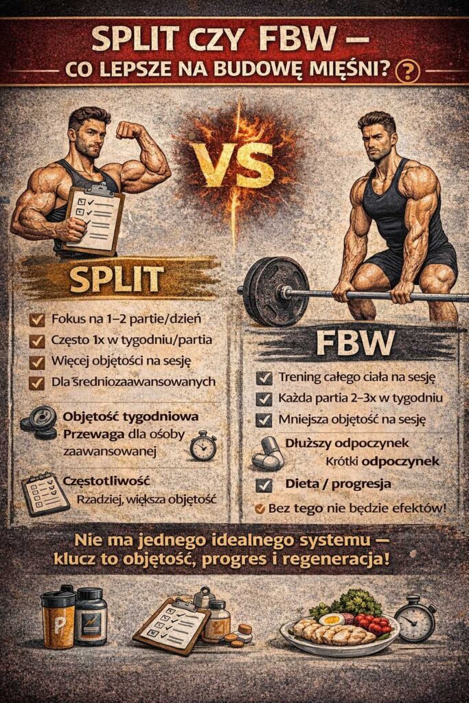 Infografika porównująca Split i FBW pod kątem budowy mięśni – pokazuje różnice w częstotliwości, objętości treningowej, regeneracji oraz podkreśla znaczenie progresji i diety dla rozwoju masy mięśniowej.