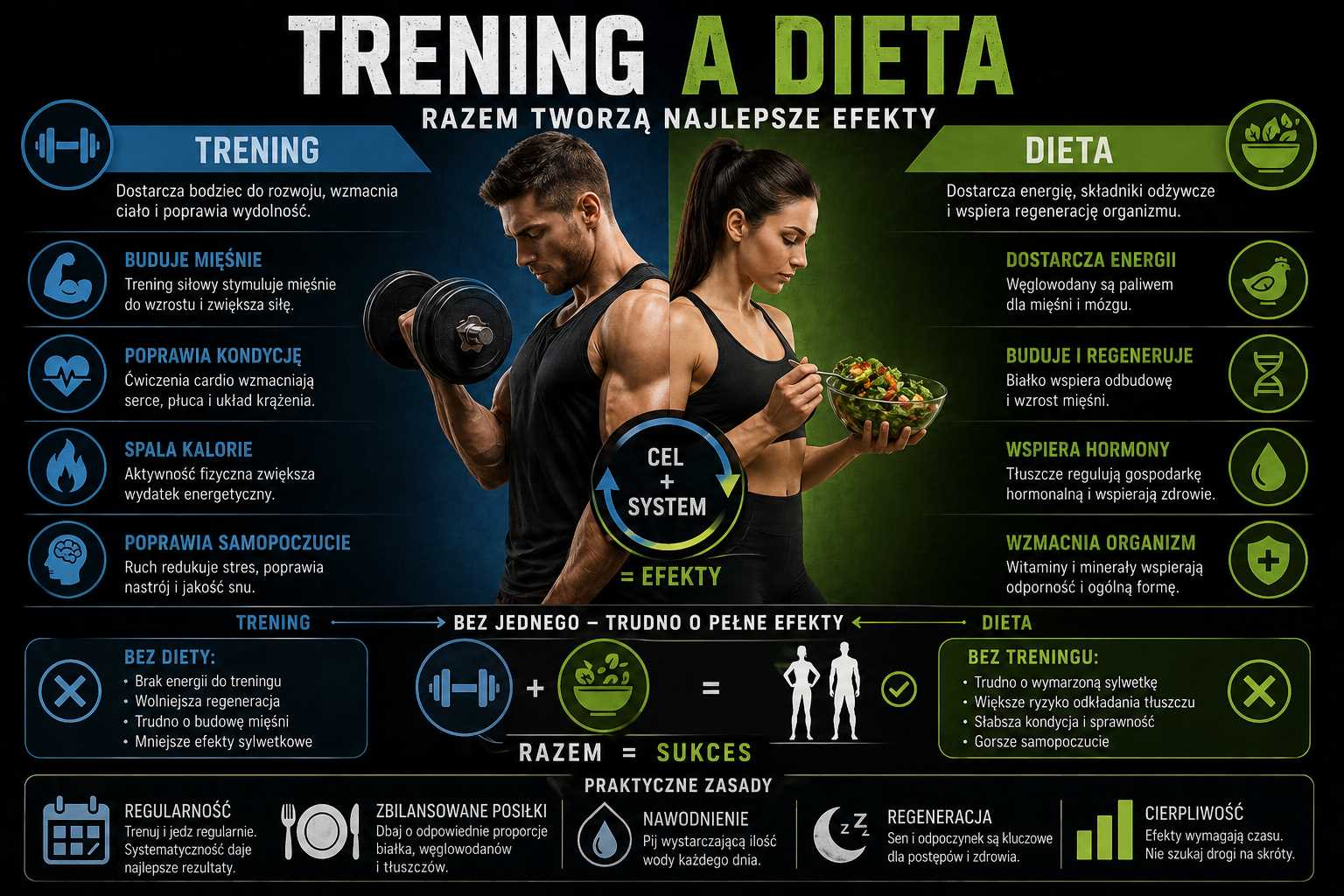 Trening a dieta – infografika pokazująca połączenie aktywności fizycznej i zdrowego odżywiania, wpływ na budowę mięśni, regenerację, spalanie kalorii oraz poprawę kondycji i zdrowia