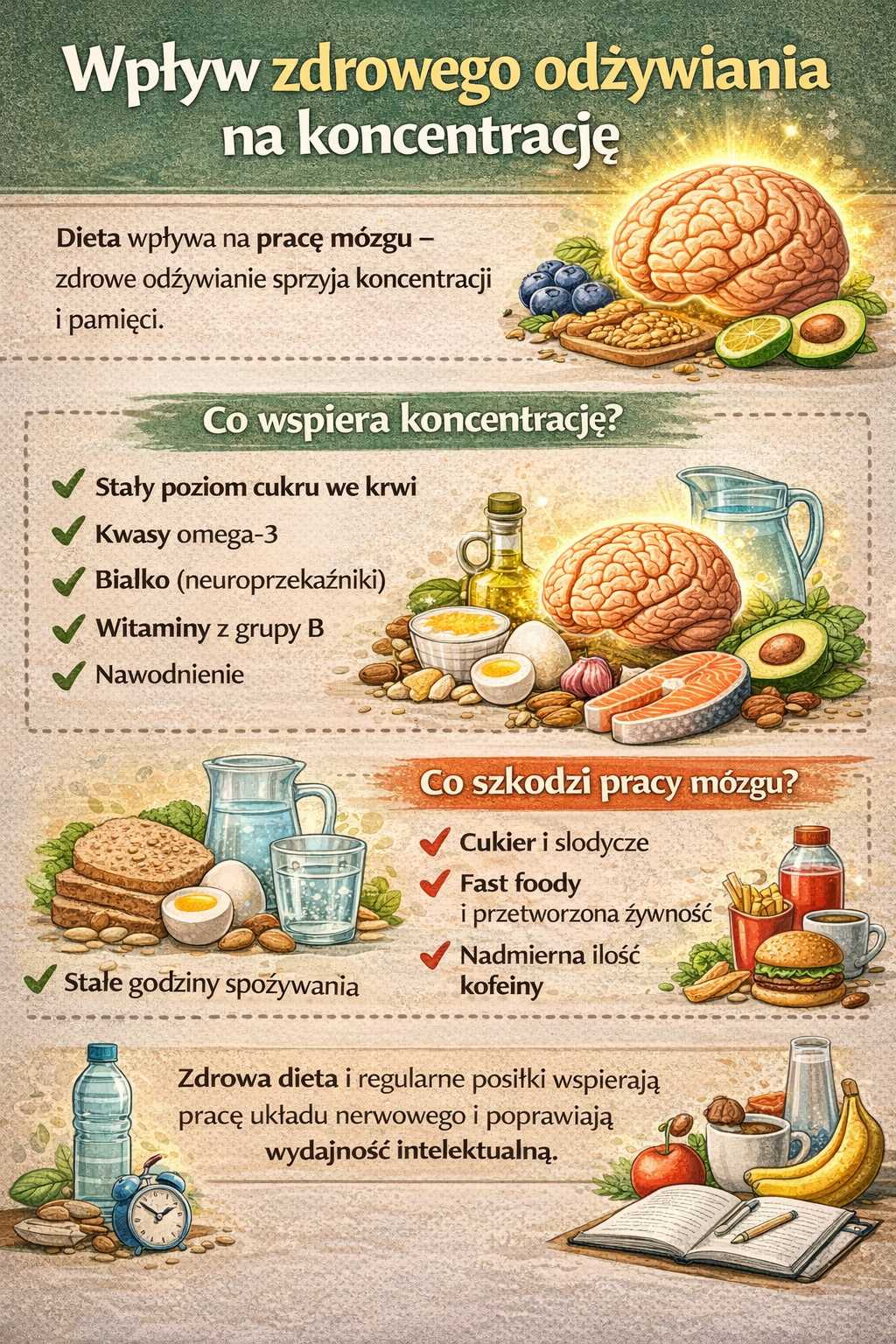 Infografika pokazująca wpływ zdrowego odżywiania na koncentrację, przedstawiająca produkty wspierające pracę mózgu takie jak ryby, orzechy, jajka i warzywa oraz czynniki pogarszające skupienie jak cukier, fast foody i nadmiar kofeiny