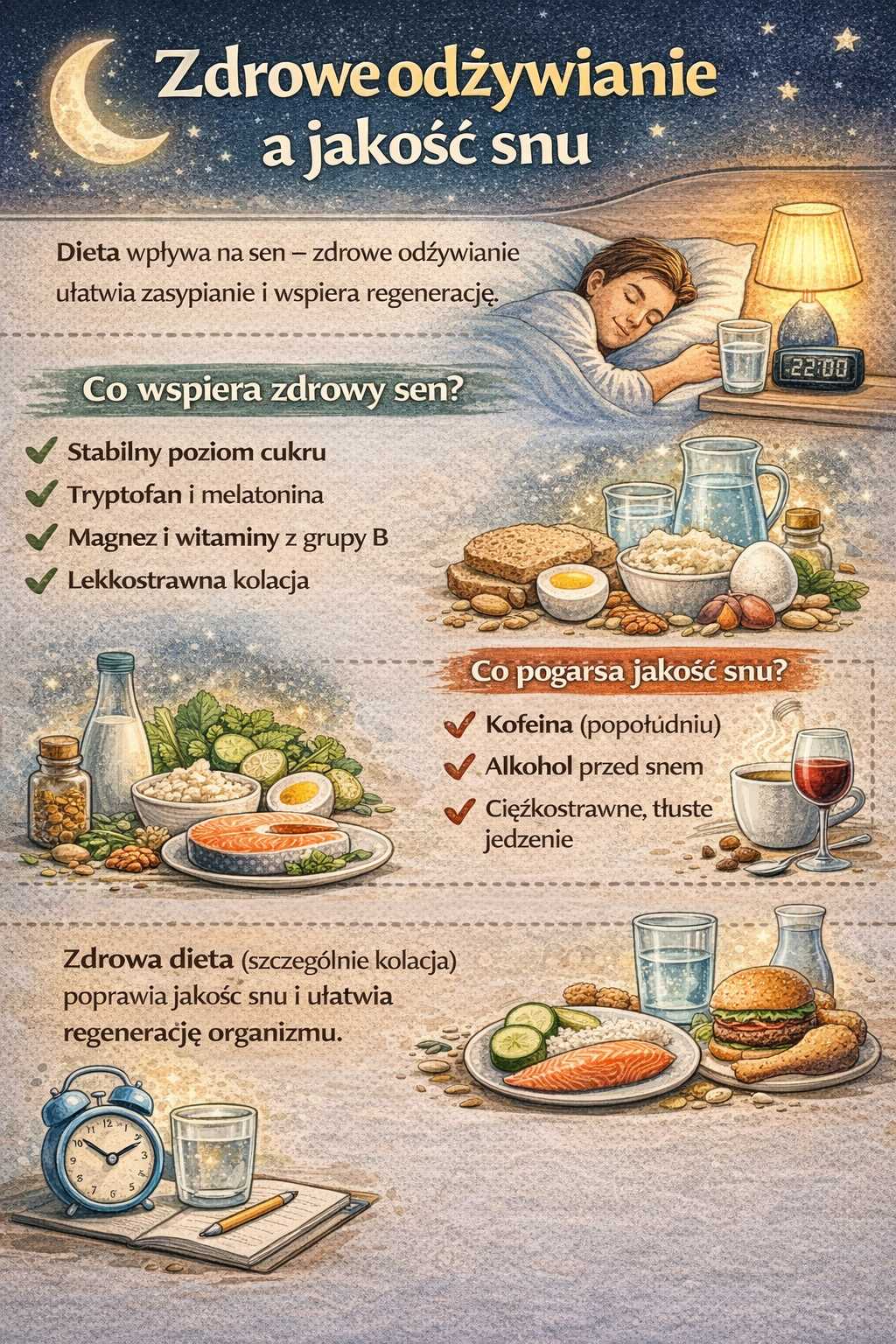 Infografika przedstawiająca zależność między zdrowym odżywianiem a jakością snu, pokazująca produkty wspierające regenerację takie jak jajka, ryby, orzechy i pełnoziarniste pieczywo oraz czynniki pogarszające sen jak kofeina, alkohol i ciężkostrawne jedzenie.
