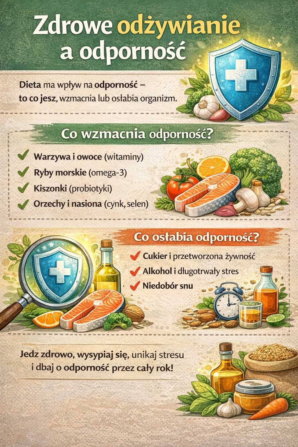 Infografika przedstawiająca zależność między zdrowym odżywianiem a odpornością, pokazująca produkty wzmacniające organizm takie jak warzywa, ryby, kiszonki i orzechy oraz czynniki osłabiające odporność jak cukier, przetworzona żywność i brak snu.