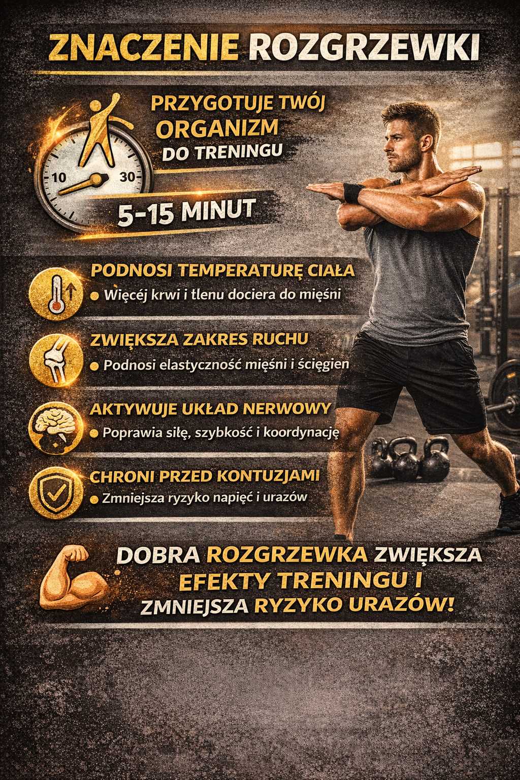 Znaczenie rozgrzewki – infografika pokazująca 5–15 minut przygotowania do treningu, korzyści takie jak podniesienie temperatury ciała, zwiększenie zakresu ruchu i zmniejszenie ryzyka kontuzji