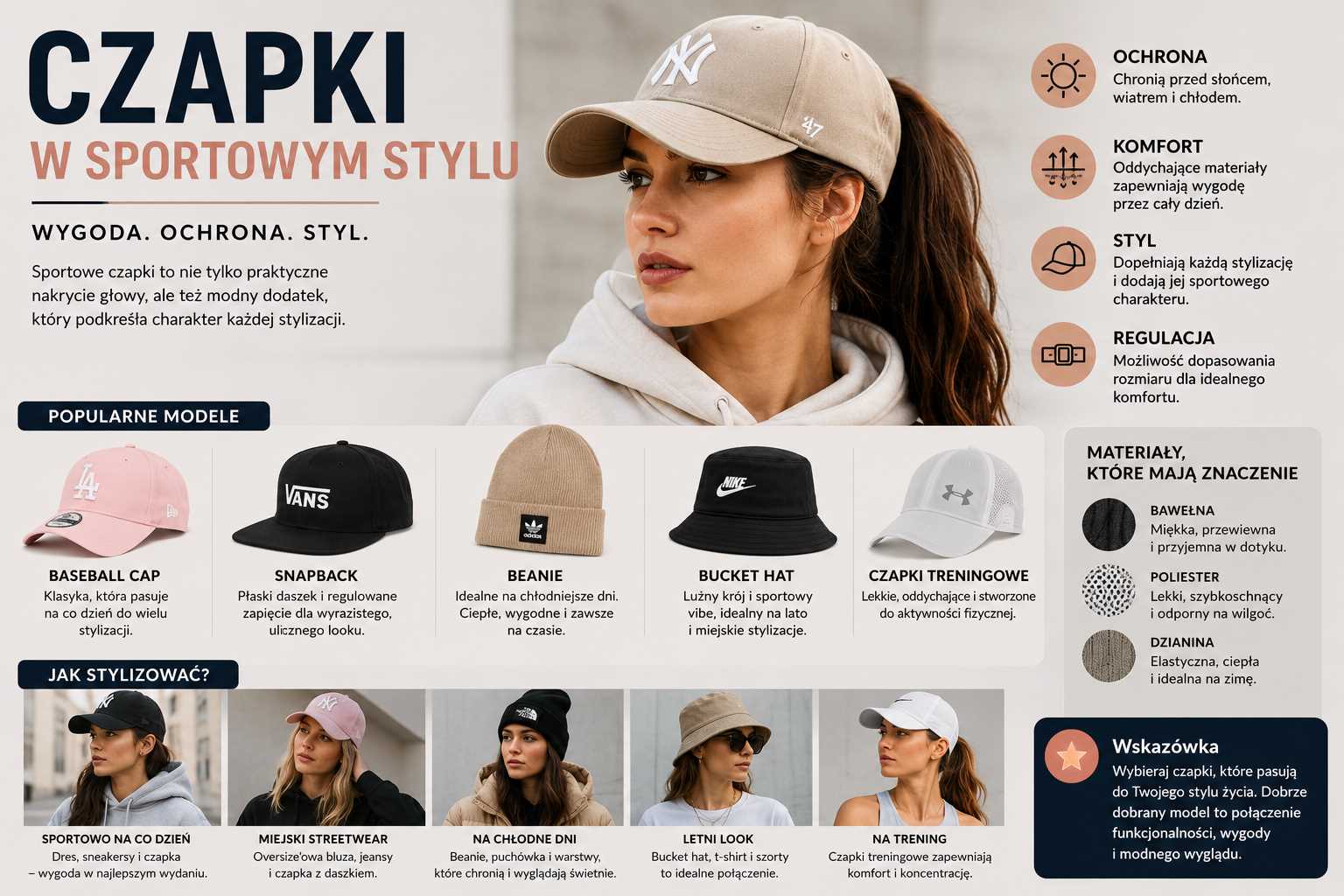 Czapki w sportowym stylu – kobieta w beżowej czapce z daszkiem oraz przykłady modeli baseball cap, snapback, beanie i bucket hat w nowoczesnej, minimalistycznej aranżacji.