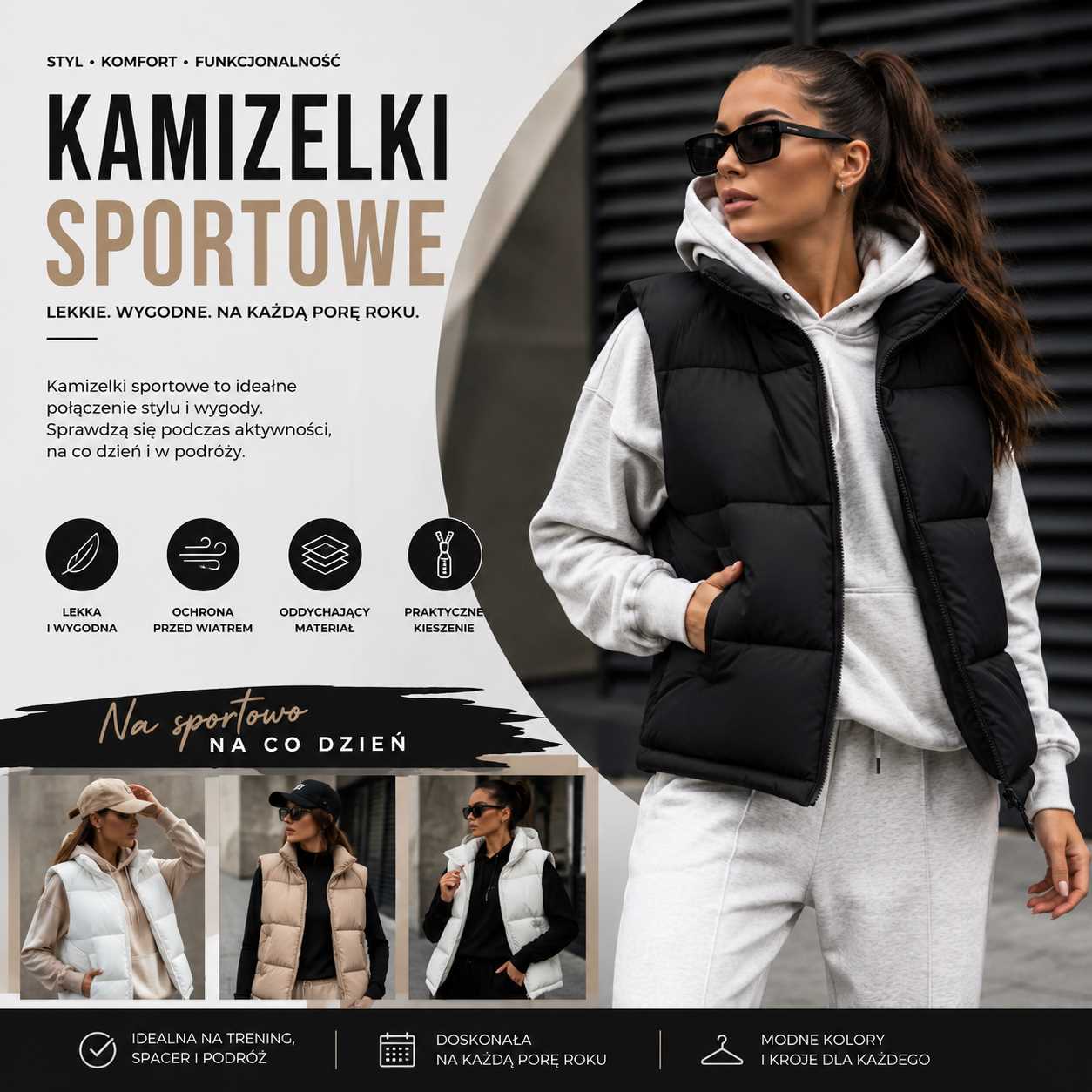 Kamizelki sportowe – kobieta w czarnej pikowanej kamizelce oversize i jasnym dresie w nowoczesnej miejskiej stylizacji athleisure, z przykładami modnych modeli na każdą porę roku.