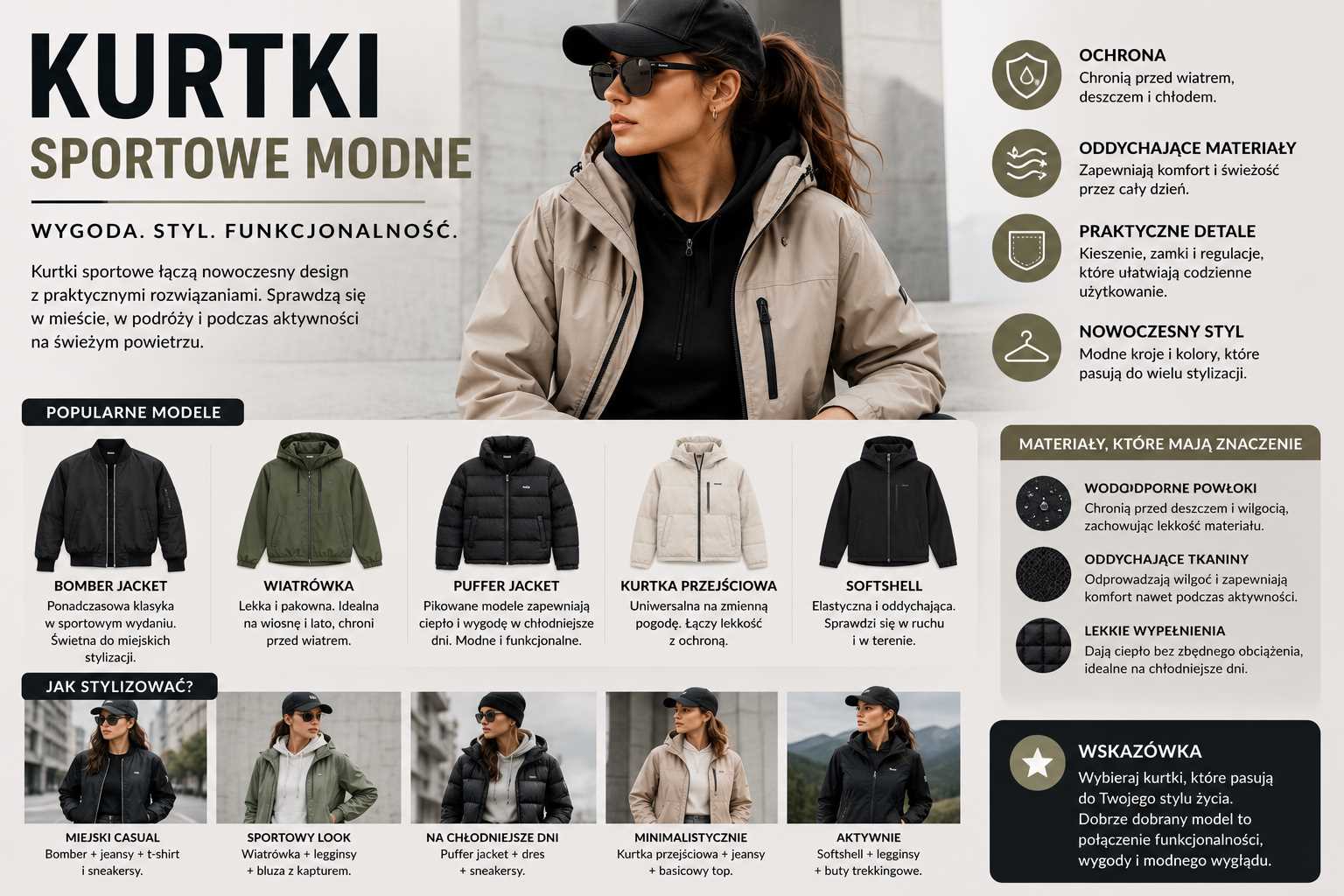 Kurtki sportowe modne – kobieta w beżowej kurtce przejściowej z kapturem oraz przykłady modeli bomber, wiatrówka, puffer i softshell w nowoczesnej, minimalistycznej aranżacji.