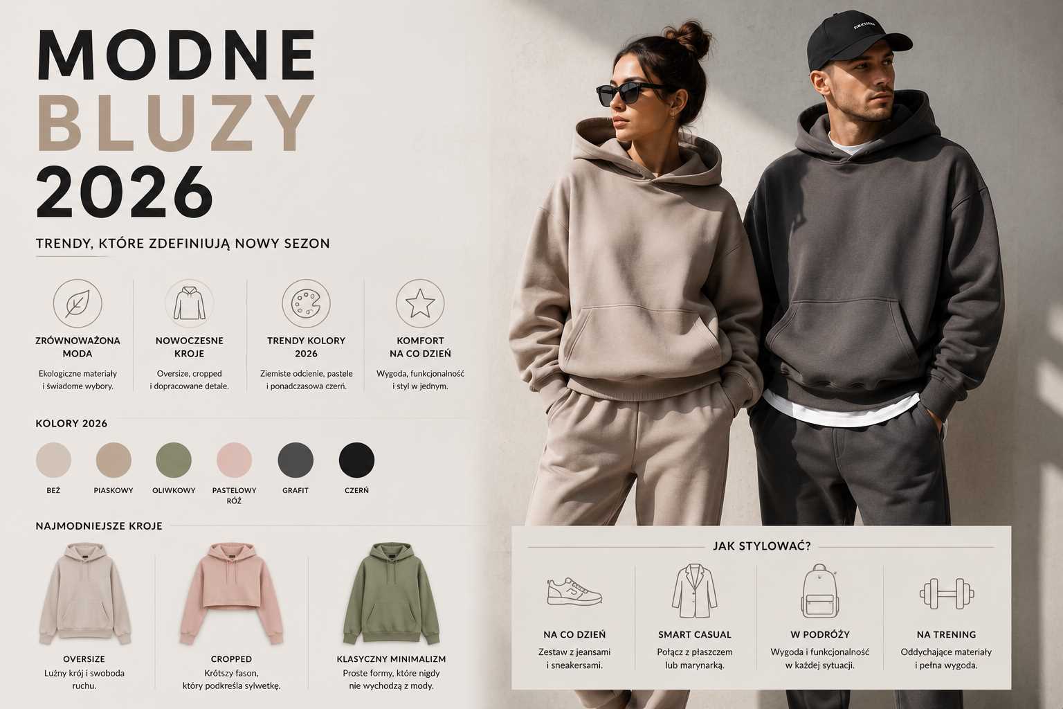 Modne bluzy 2026 – kobieta w beżowej bluzie oversize i mężczyzna w grafitowej bluzie z kapturem w minimalistycznej, miejskiej stylizacji z neutralną paletą kolorów.