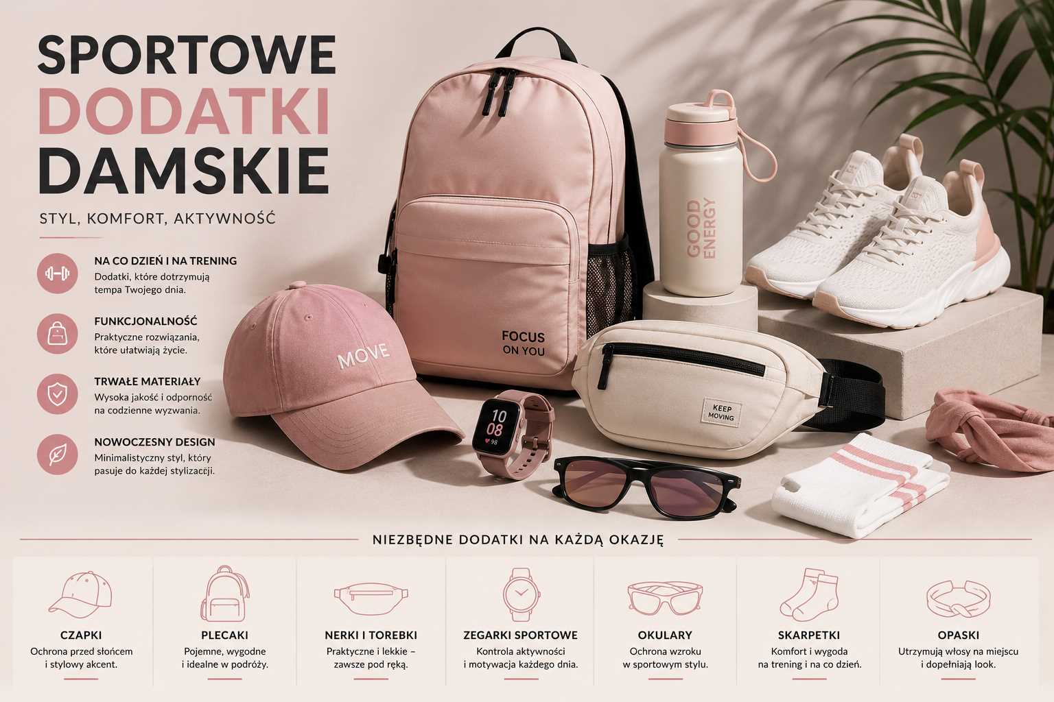 Sportowe dodatki damskie – różowy plecak, czapka z daszkiem, nerka, smartwatch, okulary przeciwsłoneczne, bidon i sneakersy w minimalistycznej, jasnej aranżacji.