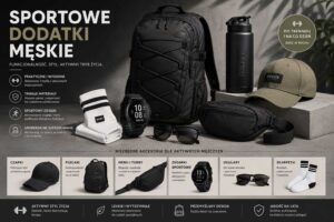 Sportowe dodatki męskie – plecak, nerka, zegarek sportowy, czapka z daszkiem, bidon, okulary przeciwsłoneczne i skarpetki w minimalistycznej, miejskiej aranżacji.