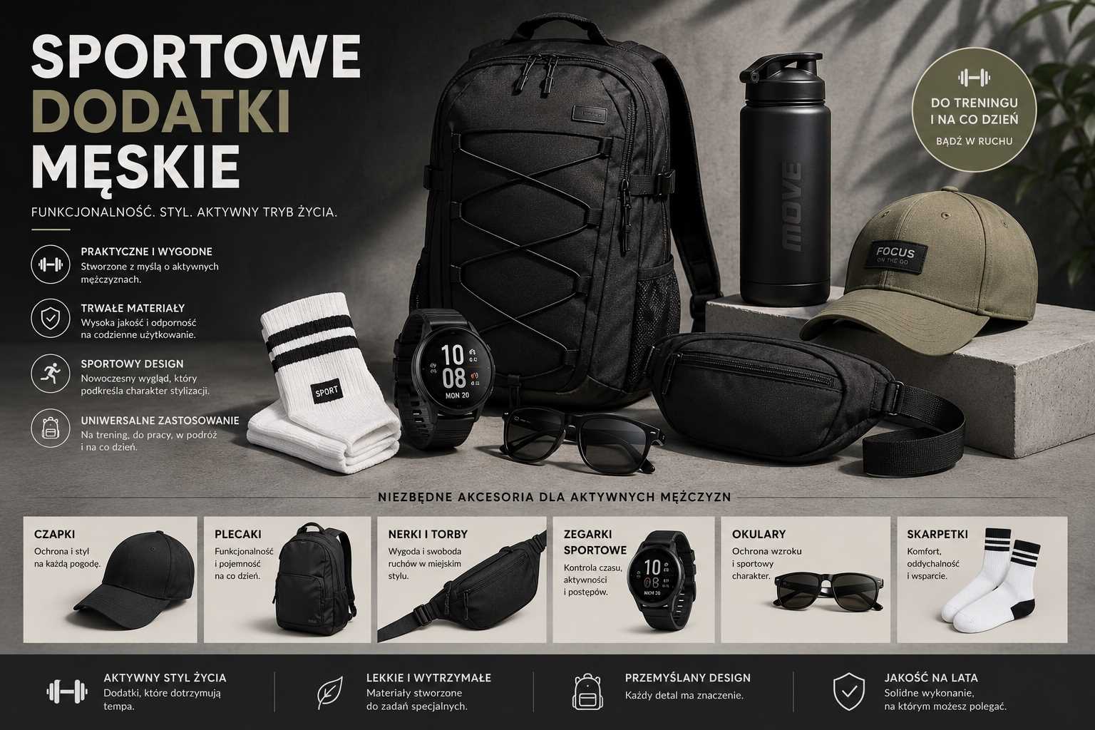 Sportowe dodatki męskie – plecak, nerka, zegarek sportowy, czapka z daszkiem, bidon, okulary przeciwsłoneczne i skarpetki w minimalistycznej, miejskiej aranżacji.