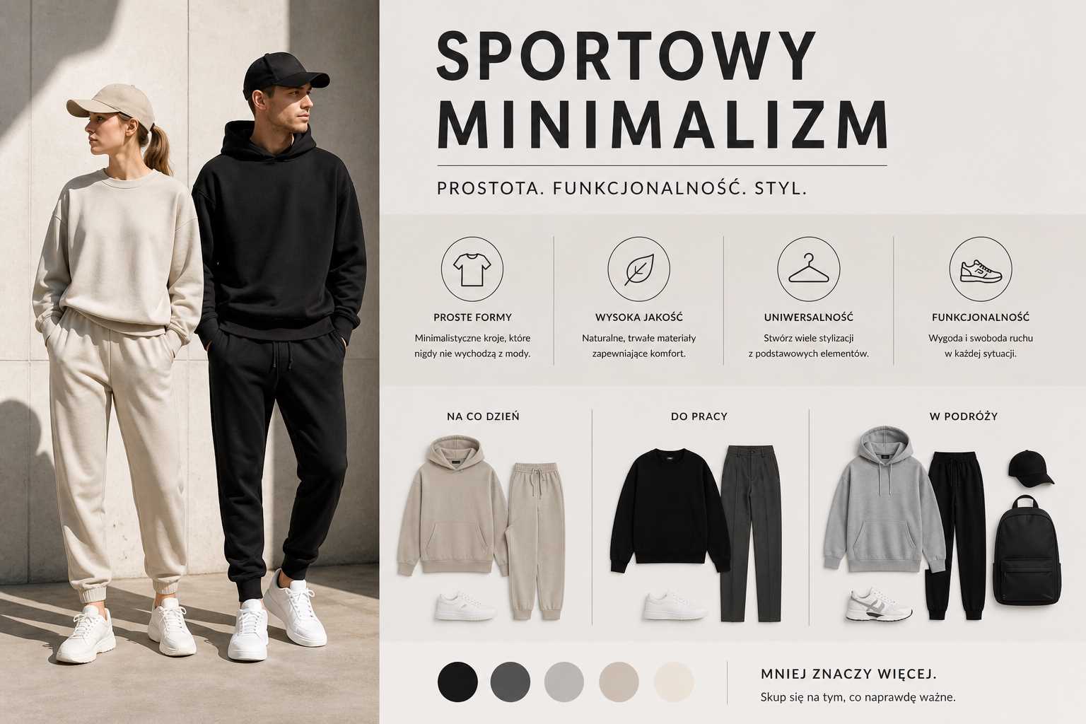 Sportowy minimalizm – kobieta i mężczyzna w jednokolorowych kompletach dresowych w odcieniach beżu i czerni z minimalistycznymi sneakersami na jasnym, neutralnym tle.