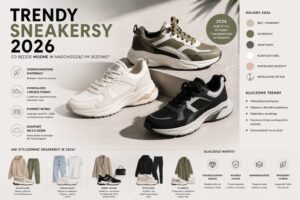 Trendy sneakersy 2026 – trzy modele butów w kolorach beżu, oliwkowym i czarnym z masywną, lekką podeszwą w minimalistycznej aranżacji trendowej.