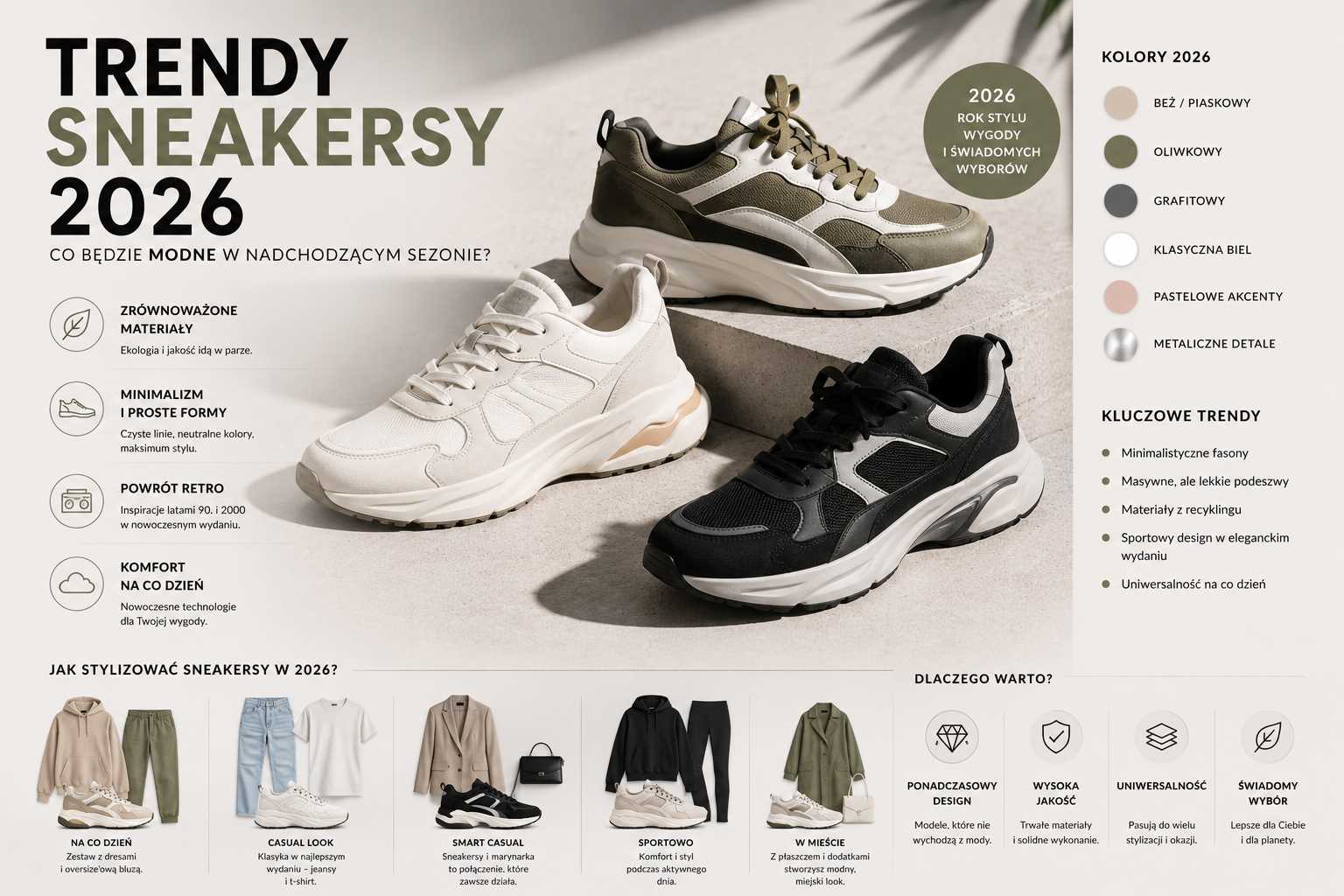 Trendy sneakersy 2026 – trzy modele butów w kolorach beżu, oliwkowym i czarnym z masywną, lekką podeszwą w minimalistycznej aranżacji trendowej.