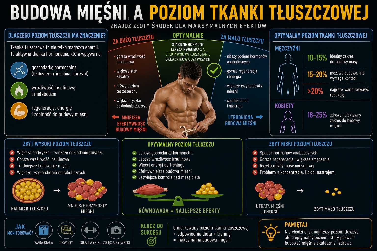 Infografika przedstawiająca zależność między budową mięśni a poziomem tkanki tłuszczowej – pokazuje skutki zbyt wysokiego i zbyt niskiego body fat, optymalne zakresy dla kobiet i mężczyzn oraz wpływ na hormony, regenerację i efektywność masy.